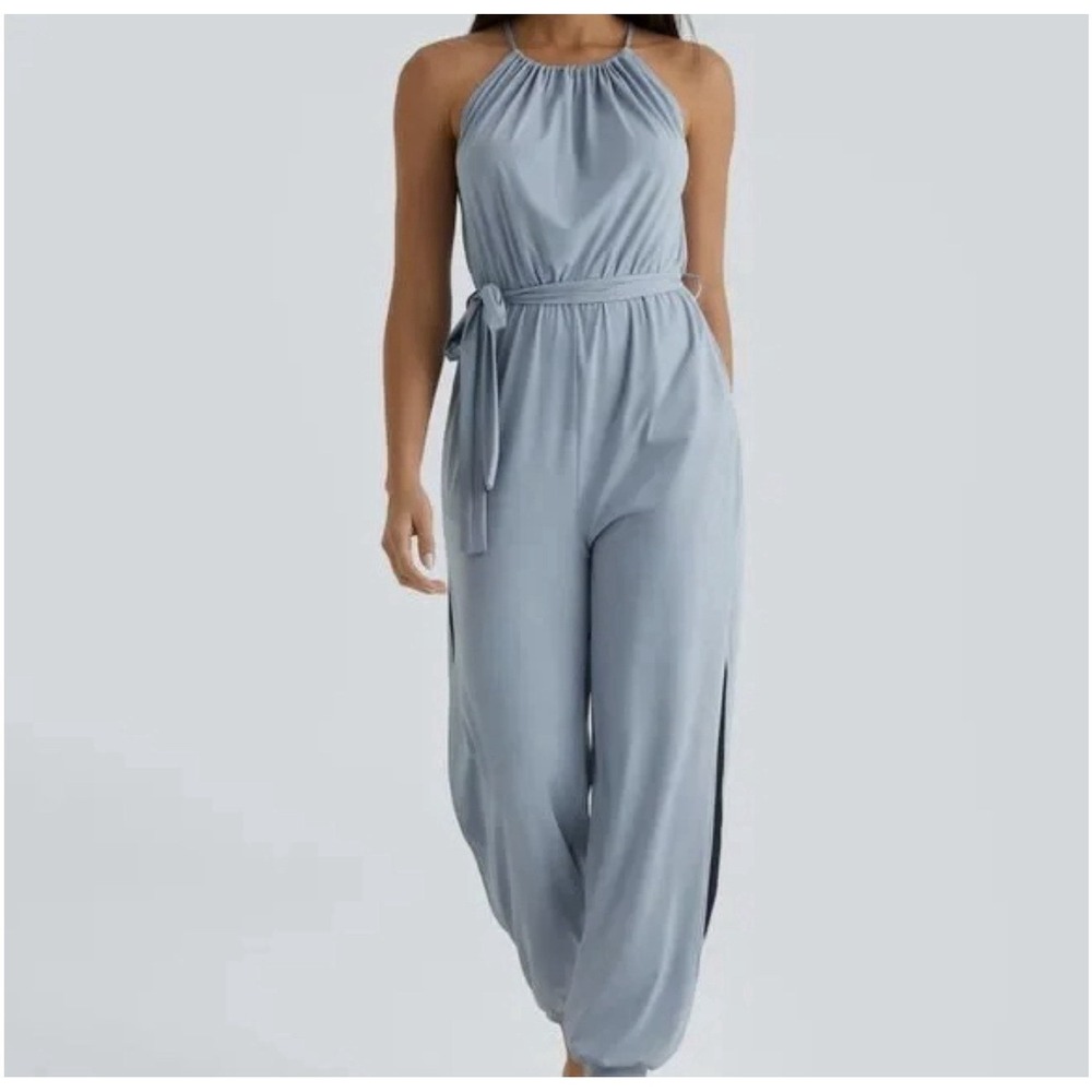 Halara Women's Jumpsuit Romper Large Baby Blue Sleeveless Tie Neck Slit Leg Cool